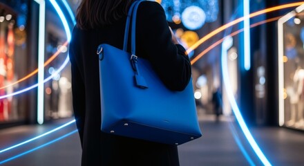 Stylish Woman Holding Blue Handbag, Blurred City Lights in Background