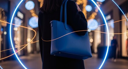 Young Woman Holding a Stylish Blue Handbag on a Night Out in a City Street with Bokeh Lights