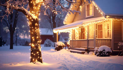 Fototapeta premium Cozy house adorned with warm white Christmas lights creates festive winter scene in snow