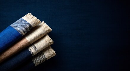 Textile display of traditional fabrics artisan workshop product photography warm lighting close-up craftsmanship