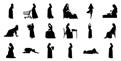 Diverse silhouette poses of pregnant women on white background