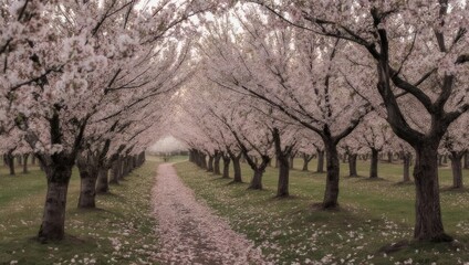 Fototapeta premium A beautiful pathway lined with blooming cherry blossom trees in spring.
