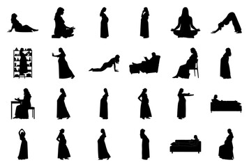 Collection of pregnant women silhouettes in diverse poses and settings Keywords: pregnant