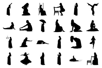 Pregnant women silhouettes in active and serene poses Keywords: pregnant, silhouette, woman