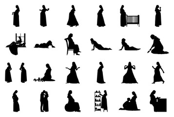 Pregnant women silhouettes in different poses and with baby items Keywords: pregnant, silhouette