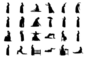 Pregnant women silhouettes in various daily activities and poses Keywords: pregnant, silhouette