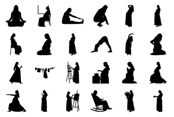 Silhouette collection of pregnant women in various poses and activities