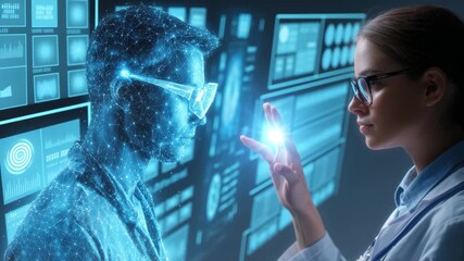 Woman engages with futuristic holographic medical assistant in a virtual consultation setup within a modern clinic environment - Powered by Adobe