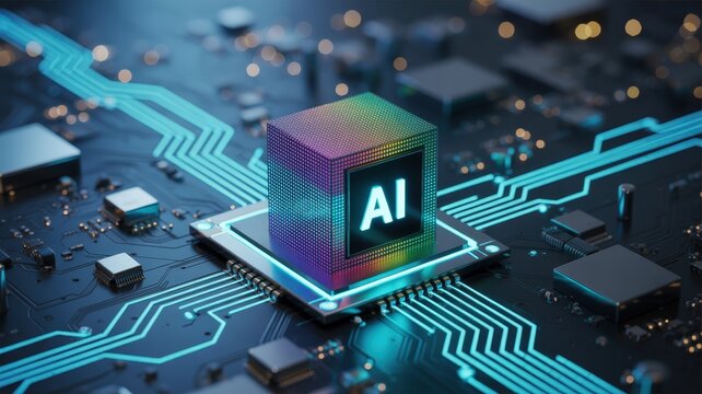 Central processing unit featuring illuminated integrated circuits and glowing digital pathways represents advanced computation.