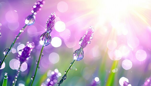 Macro shot of purple lavender flowers covered in dew drops, illuminated by bright sunlight against a soft, blurred purple and pink background.