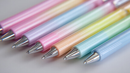 Fototapeta premium A colorful array of pastel pens arranged in a neat row, showcasing their vibrant hues and design details. This image is perfect for stationery, education, and art-related themes