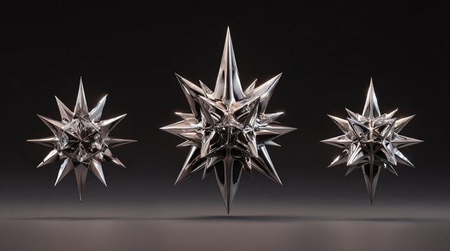Three metallic, spiky objects in a row against a dark backdrop, creating a futuristic vibe. These are a unique abstract sculptures with an interesting design