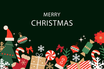 Horizontal festive background for a banner or a Christmas and New Year greeting. Flat-style vector illustration with festive elements, an inscription, and copy space