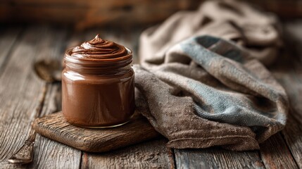 Jar of creamy chocolate spread on rustic wooden table with soft cloth and warm natural light in cozy setting