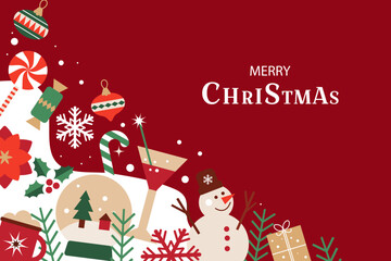 Horizontal festive background for a banner or a Christmas and New Year greeting. Flat-style vector illustration with festive elements, an inscription, and copy space