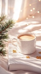 A warm mug of hot chocolate sits on a book, surrounded by festive winter decorations and soft, glowing lights.