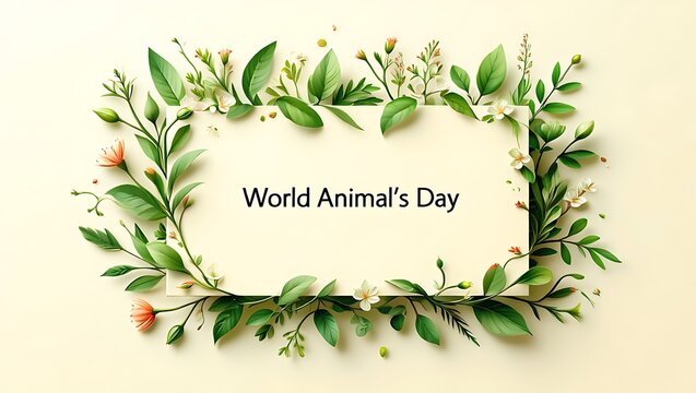 World Animals Day greeting card with green foliage frame design