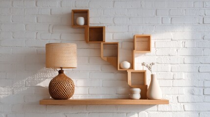 Modern wooden wall shelf decor with lamp and minimalist accessories