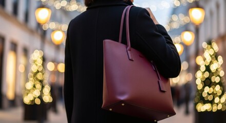 Stylish woman in a black coat carrying a large burgundy leather handbag on a festive, illuminated city street at dusk