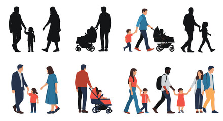 Fototapeta premium Diverse families strolling together, parents and children walking, pushing strollers in a modern, inclusive community, showcasing family values and unity