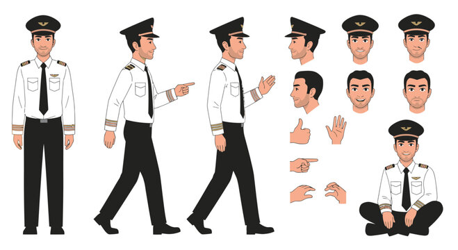 Professional airline pilot character set in various poses and expressions, a versatile collection for aviation themed projects, showcasing confidence and expertise