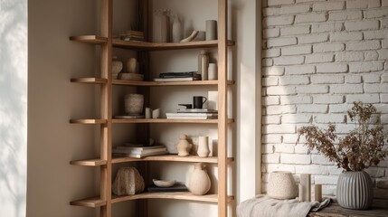 Minimalist wooden corner shelves with ceramics and soft natural light
