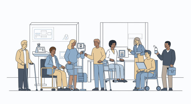 Inclusive workplace showing diverse colleagues with disabilities thriving, modern office setting promoting accessibility and opportunity for all team members - Powered by Adobe