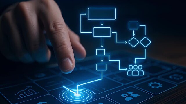 Fingertip interacts with glowing touchscreen displaying blue workflow flowchart and icons conveying digital process automation business strategy technology fingertip presses glowing touchscreen