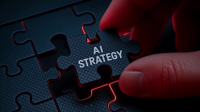 AI strategy puzzle piece held by hand over dark carbon pattern board with red glow seams conveying analytical planning and innovation in technology leadership and future focused business vision