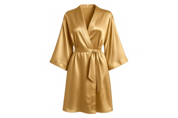 Golden silk satin bathrobe with belt, elegant loungewear for relaxation, luxury sleepwear garment, transparent background