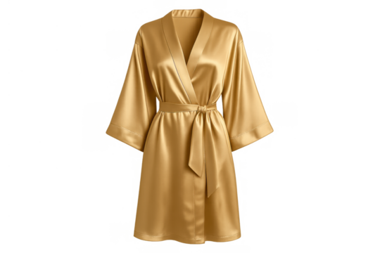 Golden silk satin bathrobe with belt, elegant loungewear for relaxation, luxury sleepwear garment, transparent background