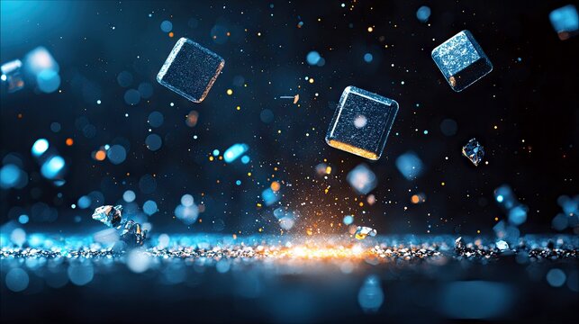 Cubic crystals and sparkling particles float in a dark, atmospheric space with blurred blue and orange lights.