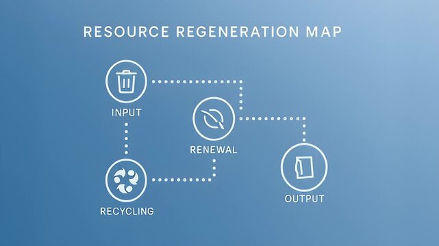 Resource regeneration map showing input recycling renewal output infographic and flowchart illustration with circular sustainability flow icons leaf and recycling symbol blue gradient background