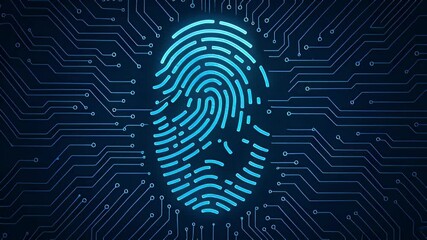 Neon blue fingerprint glitch over circuit board background conveying biometric cybersecurity threat and digital identity security data protection with glowing fingerprint, red glitch, circuit neon - Powered by Adobe