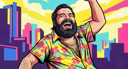Cheerful man celebrating with arms raised in vibrant cityscape - Concept of No Shave November, comic-like caricature    