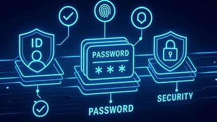 Neon password security concept ID shield fingerprint lock authentication protection cyber neon shield password identity access control biometric encryption network privacy futuristic protection - Powered by Adobe
