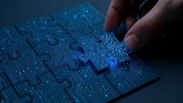 Hand puzzle piece circuit board technology connection innovation network electronic pattern blue glow fitting circuit pattern puzzle piece into glowing blue electronic board symbolizing technology