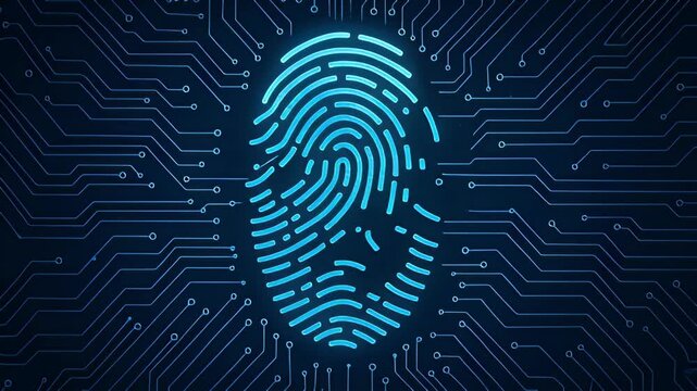 Neon blue fingerprint glitch over circuit board background conveying biometric cybersecurity threat and digital identity security data protection with glowing fingerprint, red glitch, circuit neon - Powered by Adobe