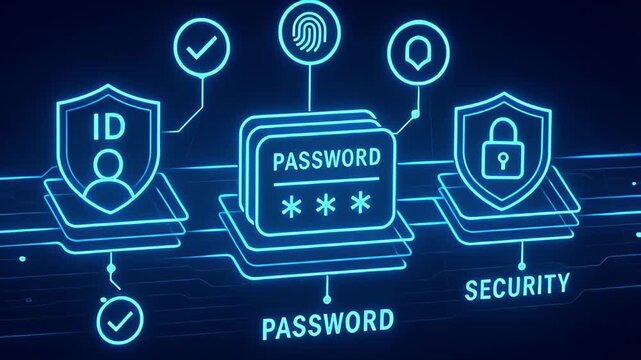 Neon password security concept ID shield fingerprint lock authentication protection cyber neon shield password identity access control biometric encryption network privacy futuristic protection