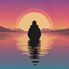 Person standing in water at sunset with a colorful sky behind  