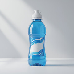 Blue Plastic Bottle with Water Droplets and White Label on Clean White Background