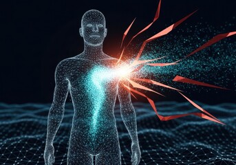 Wireframe human figure with glowing heart energy and shattered pieces