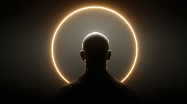 A person silhouette with an illuminated ring surrounding the head, creating a sense of mystery and aura