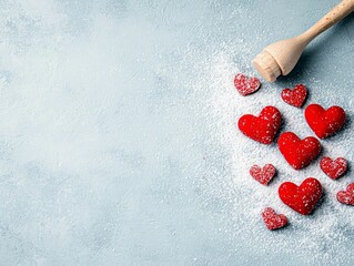 Several red heart-shaped cookies are scattered on a light blue textured surface, dusted with powdered sugar, with a wooden rolling pin nearby.