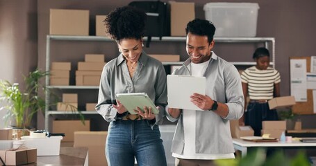 Logistics, team and tablet with clipboard in small business for stock control, shipping or feedback. Supply chain, people and happy with tech in warehouse for inventory management and courier service - Powered by Adobe