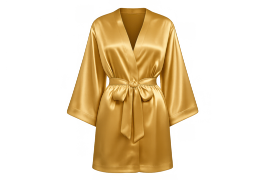 Golden yellow satin silk kimono robe with tie belt, luxurious loungewear, fashion apparel, relaxing elegant clothing