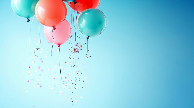 A cluster of colorful balloons in teal, coral, and pink float upwards, with streamers and confetti falling below against a clear blue sky.