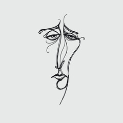 Minimalist surreal face line art drawing. Hand-drawn abstract portrait with expressive emotional lines, modern one-line illustration for posters and design