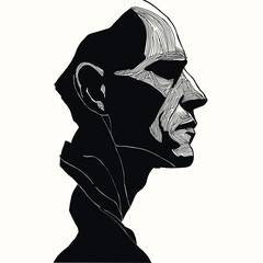 A detailed male profile portrait in bold black and white engraving line art style. Minimalist, expressive, high-contrast illustration suitable for print and editorial design