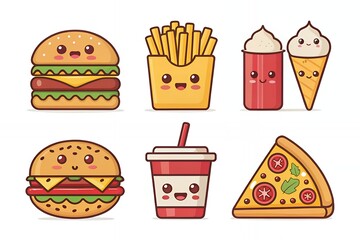 Cute kawaii food characters featuring burgers fries pizza and ice cream